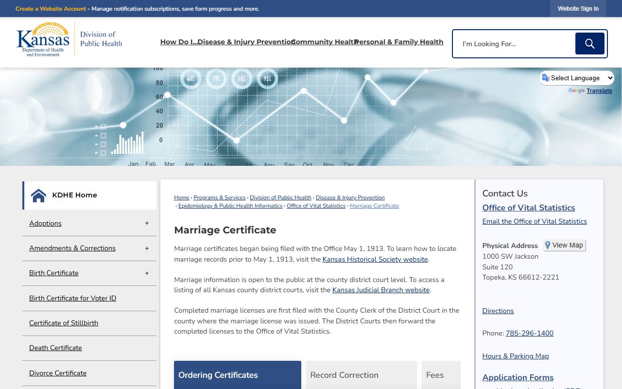 Lincoln County marriage records KDHE certificate order page